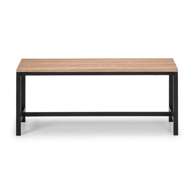 Coffee table with wooden top and black metal frame on a white background