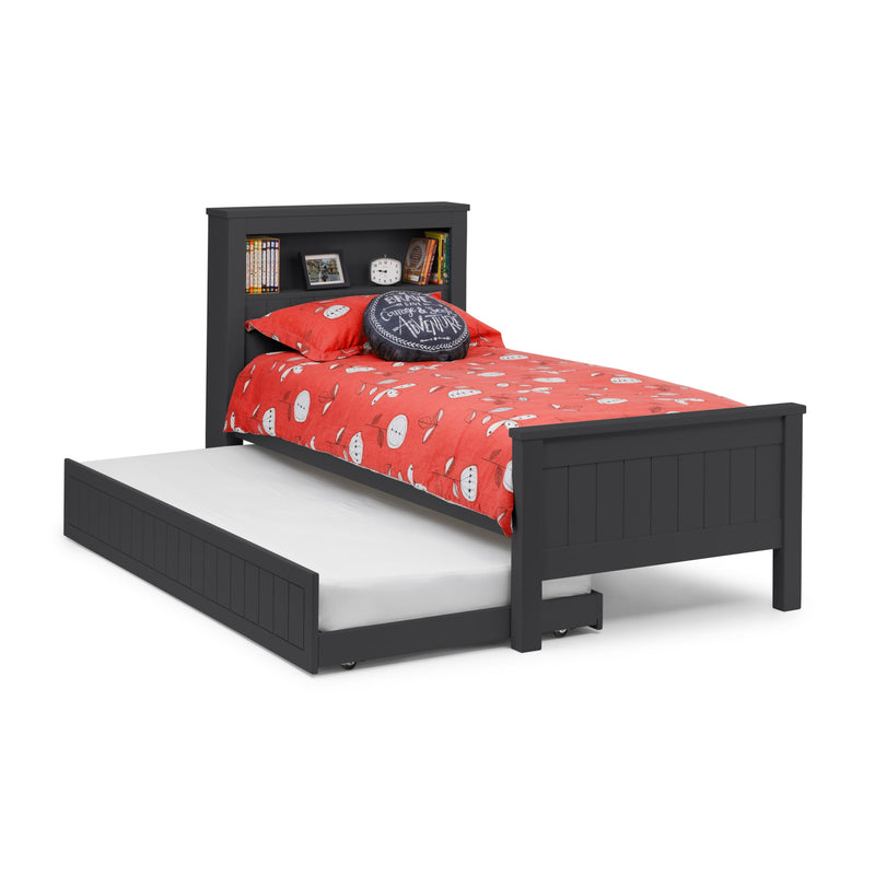 Black bed frame with red bedding on a white background