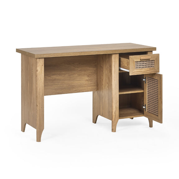 Wooden desk with a cabinet on a white background