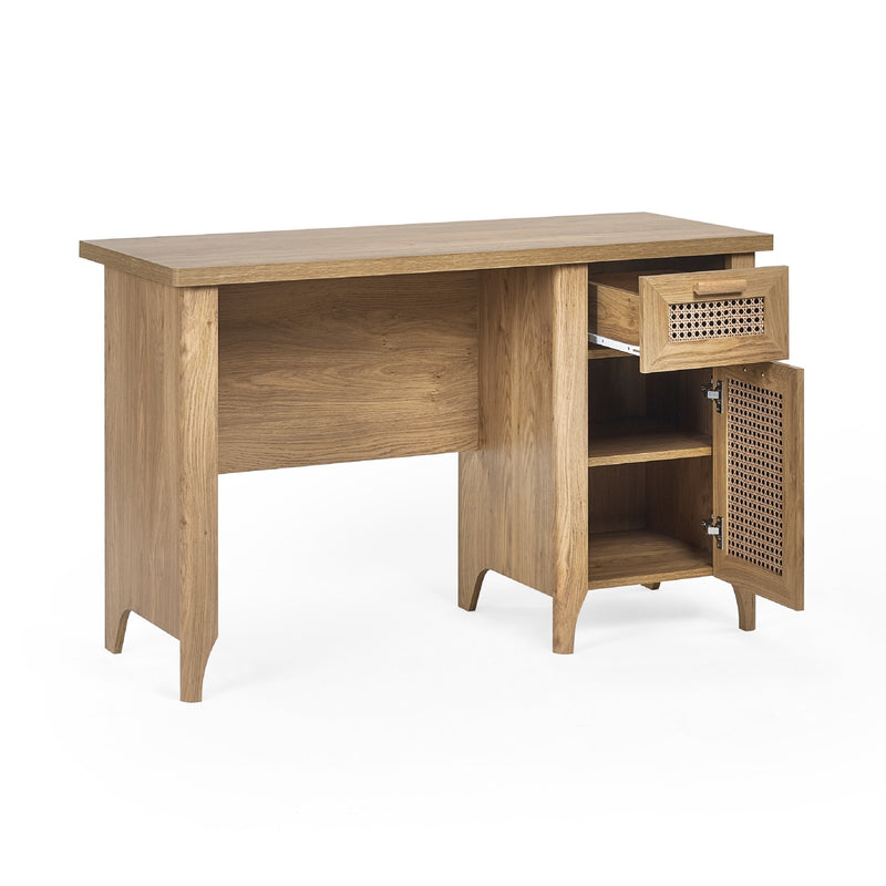Wooden desk with a cabinet on a white background