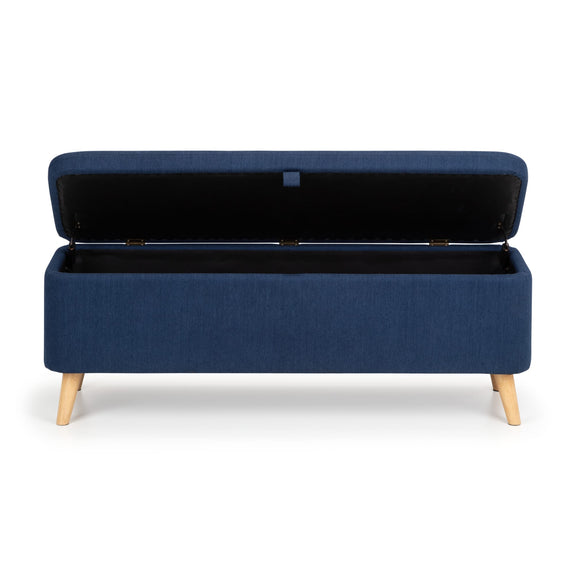 Blue storage bench with open lid on a white background