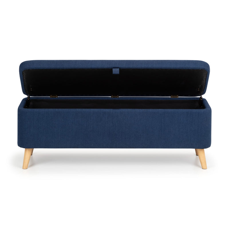 Blue storage bench with open lid on a white background