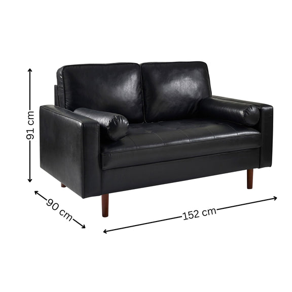 Black leather sofa with dimensions labeled on a white background