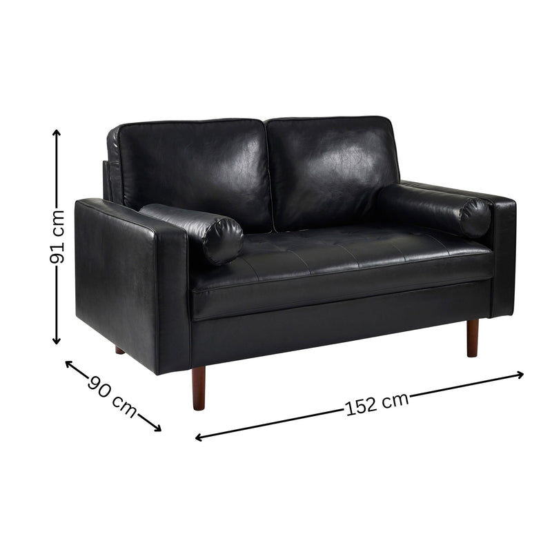 Black leather sofa with dimensions labeled on a white background