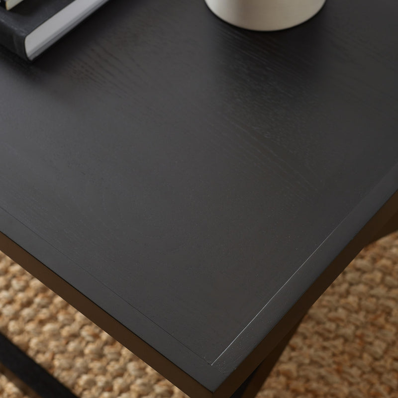 Close-up of a dark wooden surface with a textured brown carpet.