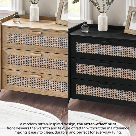 Two dresser designs with rattan-effect print drawers in natural wood and black finishes.