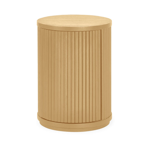 Beige cylindrical side table with a ribbed texture on a white background