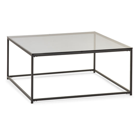 Glass coffee table with black metal frame on a white background