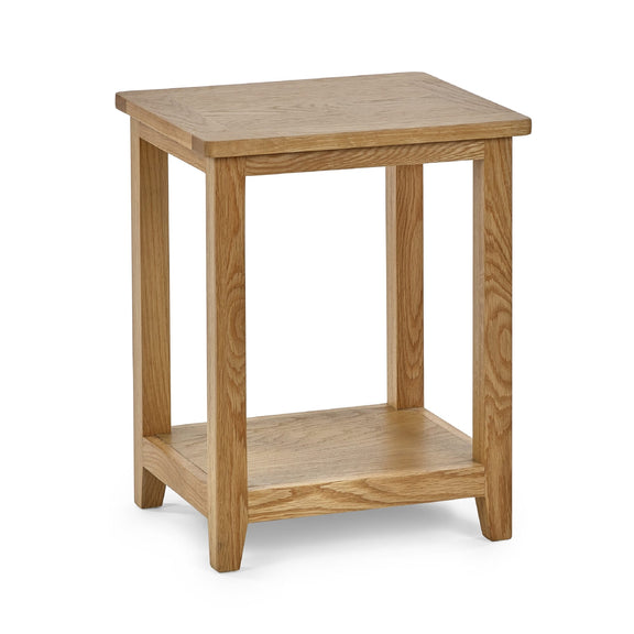 Wooden side table with a shelf on a white background