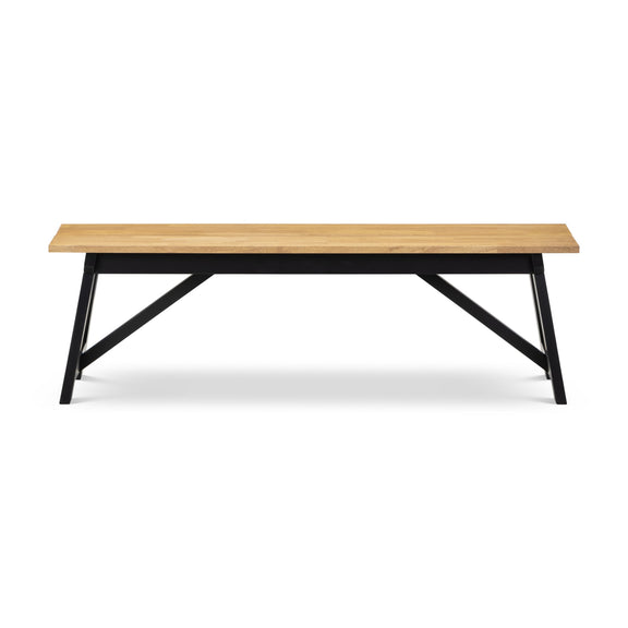 Wooden table with black metal legs on a white background
