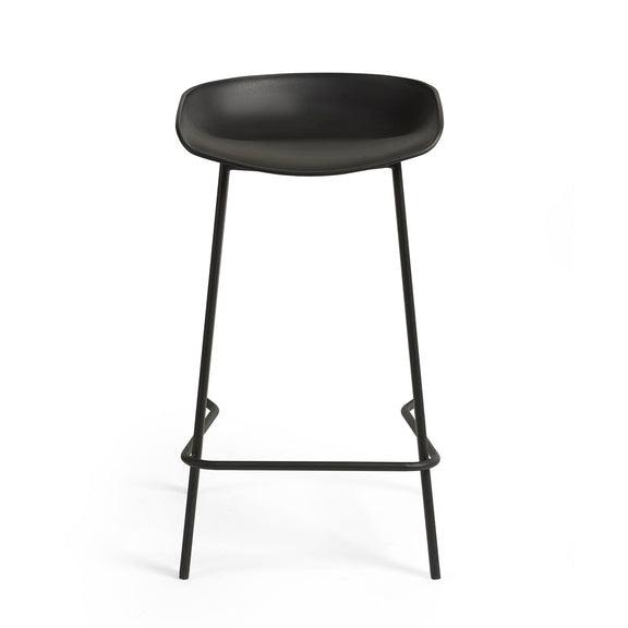 Black bar stool with a square seat on a white background