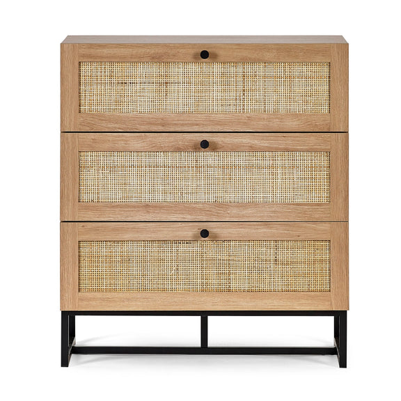 Wooden dresser with wicker panels on a white background