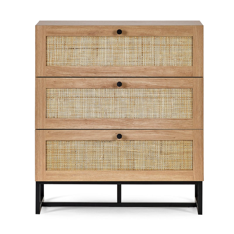 Wooden dresser with wicker panels on a white background
