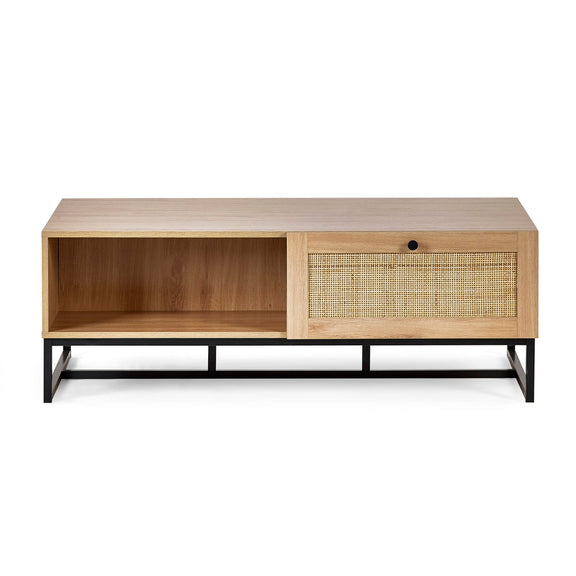 Wooden TV stand with wicker drawer on a white background