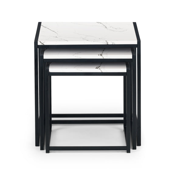 Set of three nesting tables with marble-like top and black frame on a white background