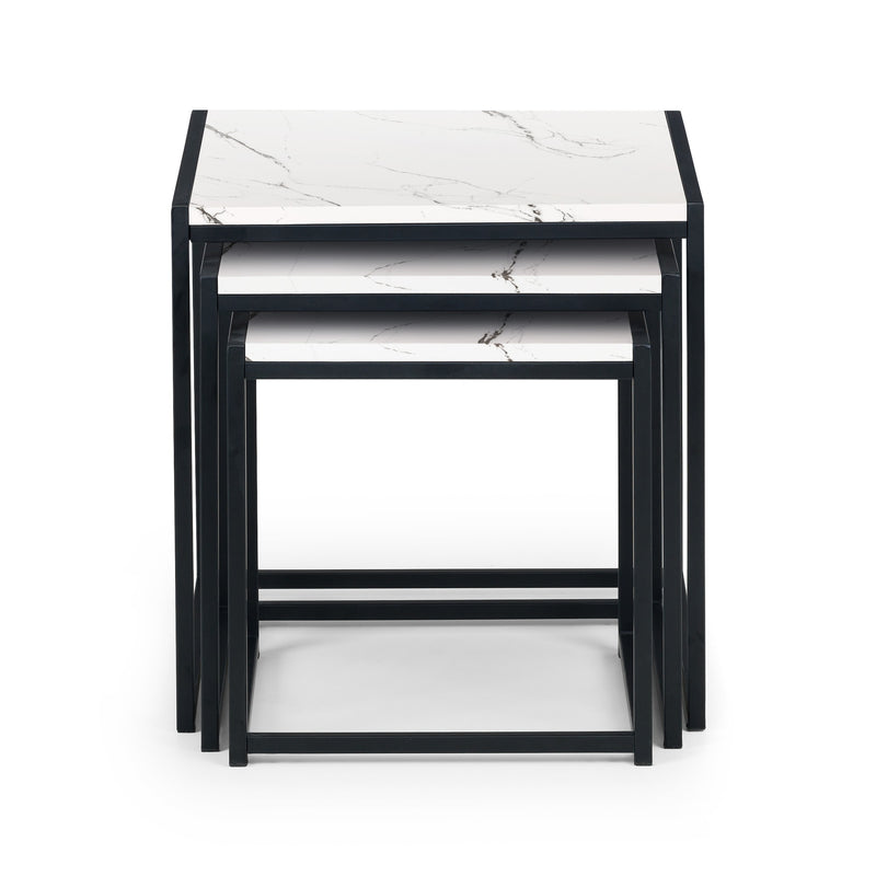 Set of three nesting tables with marble-like top and black frame on a white background
