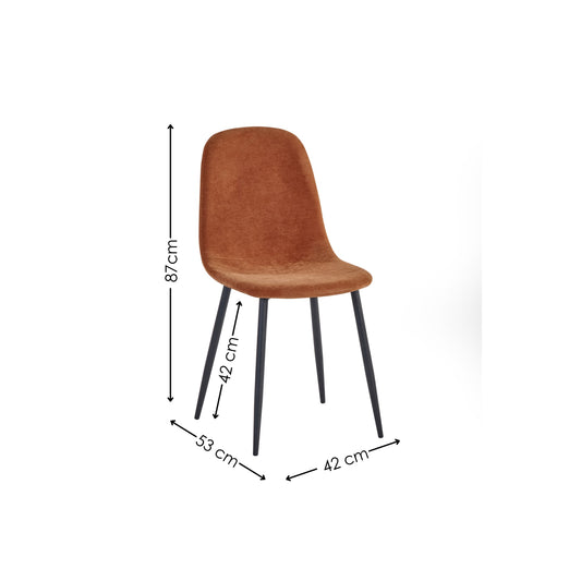 Brown chair with black legs and dimensions labeled on a white background