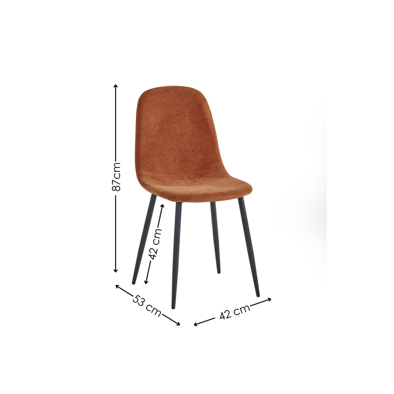 Brown chair with black legs and dimensions labeled on a white background