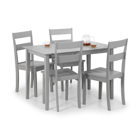 Gray dining table with four chairs on a white background