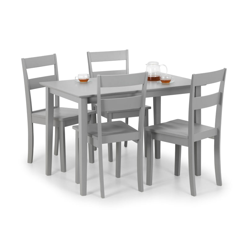 Gray dining table with four chairs on a white background