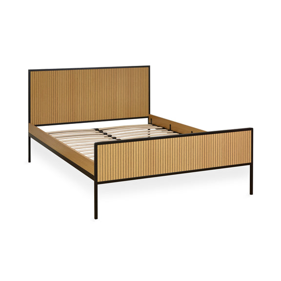 Bed frame with wooden slats and metal frame on a white background