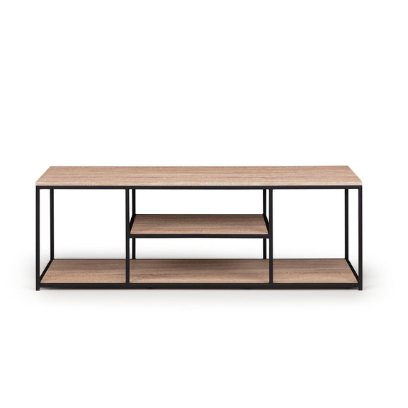 Wooden table with metal frame on a white background