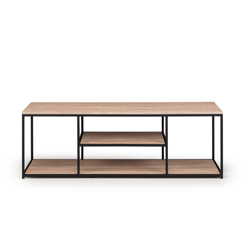 Wooden table with metal frame on a white background