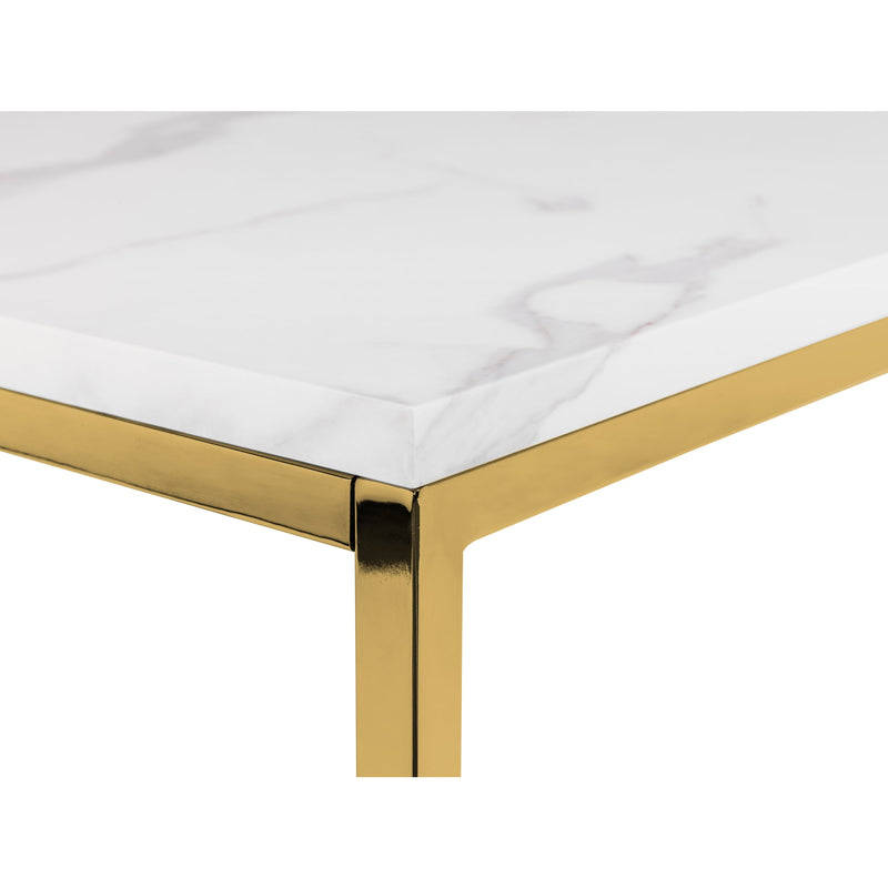 White marble table with gold metal frame on a white background
