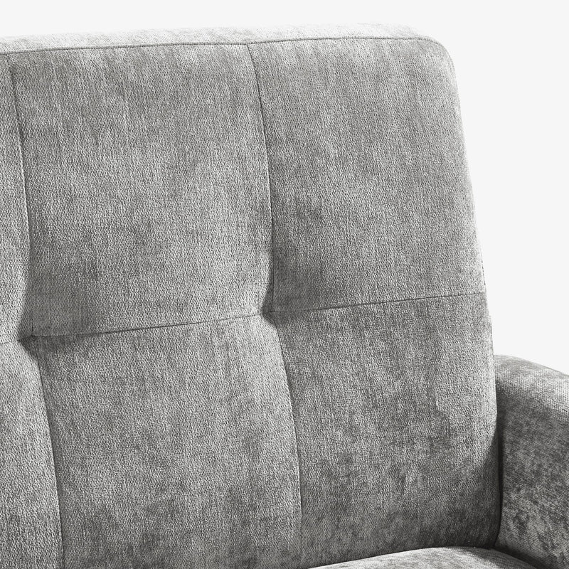 Gray upholstered chair with a textured fabric finish.
