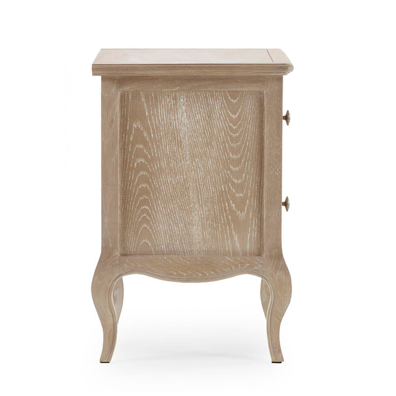 Wooden side table with a light finish on a white background