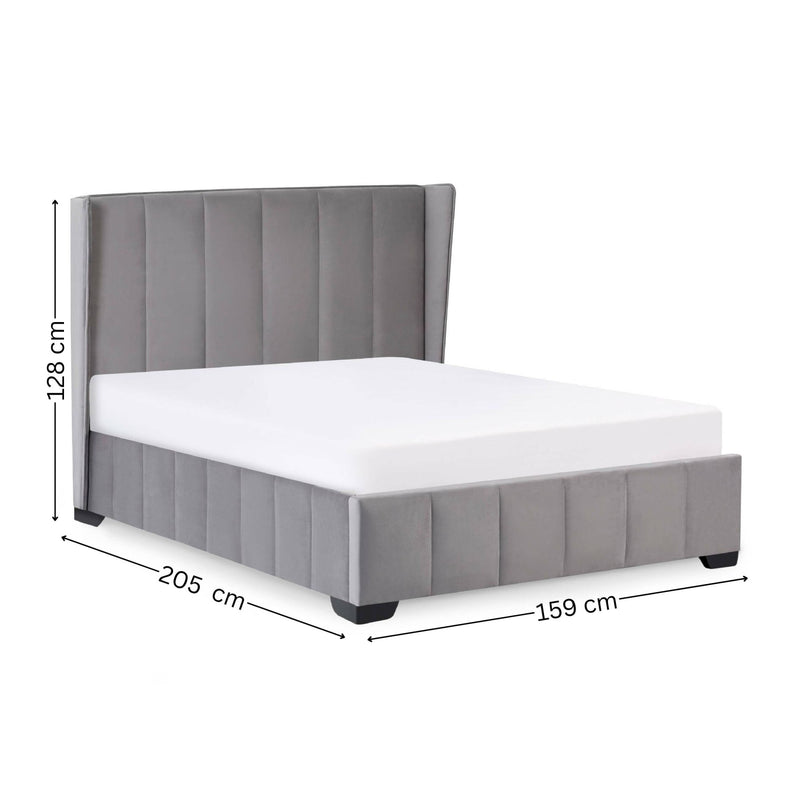 Gray upholstered bed with dimensions on a white background