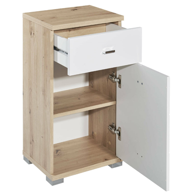 Wooden cabinet with one door and two drawers on a white background
