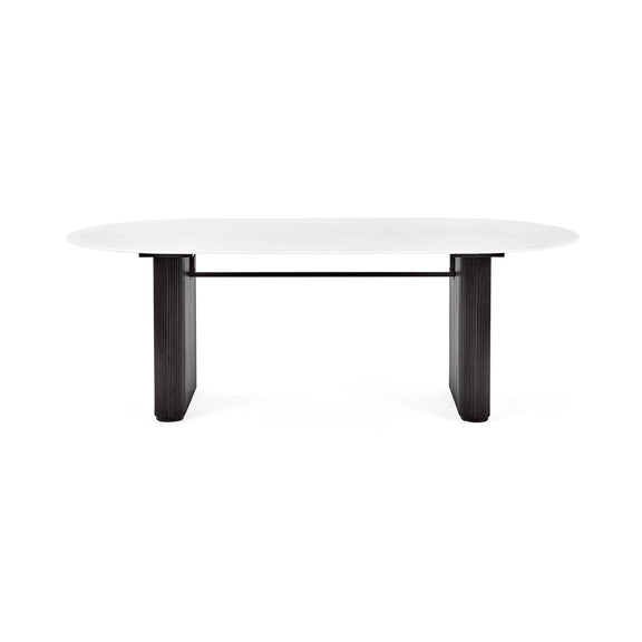 White coffee table with black legs on a white background
