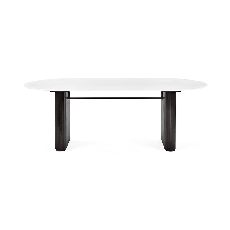 White coffee table with black legs on a white background
