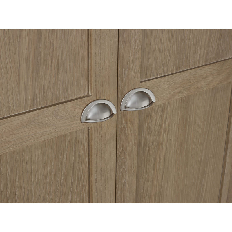 Wooden cabinet doors with silver handles on a white background