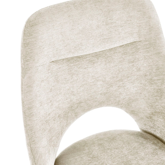Close-up of a beige upholstered chair with a textured fabric finish on a white background