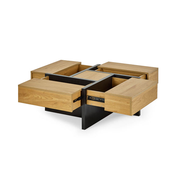 Wooden coffee table with storage drawers on a white background