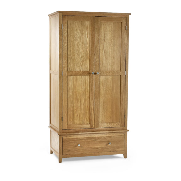 Wooden wardrobe with two doors and a drawer on a white background