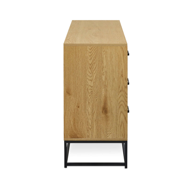 Wooden sideboard with black metal legs on a white background