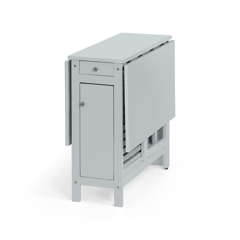 Gray drop-leaf table with a drawer on a white background