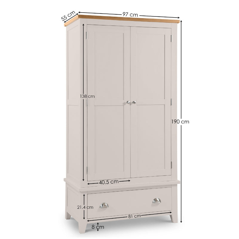 Gray wardrobe with dimensions indicated on a white background