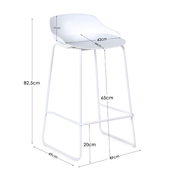 White bar stool with dimensions labeled on a white background