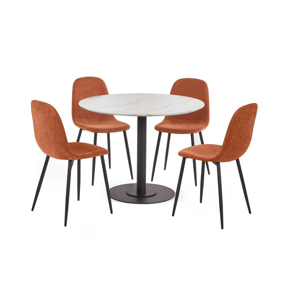 Round white table with four brown chairs on a white background
