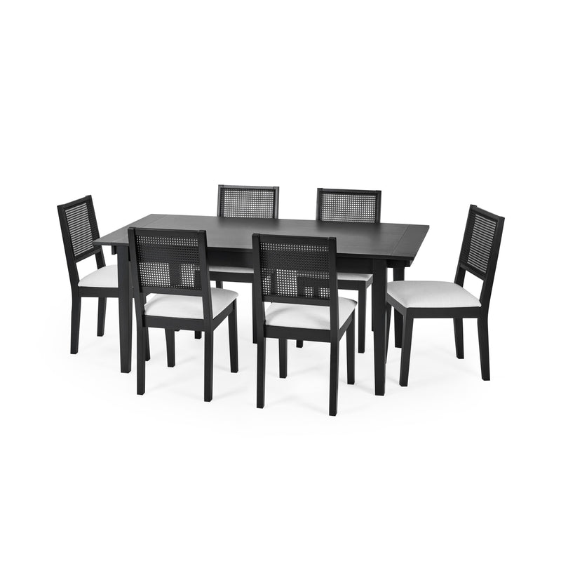 Black dining table with six chairs on a white background