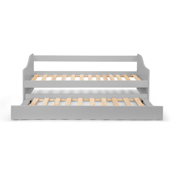 Gray bed frame with wooden slats on a white background