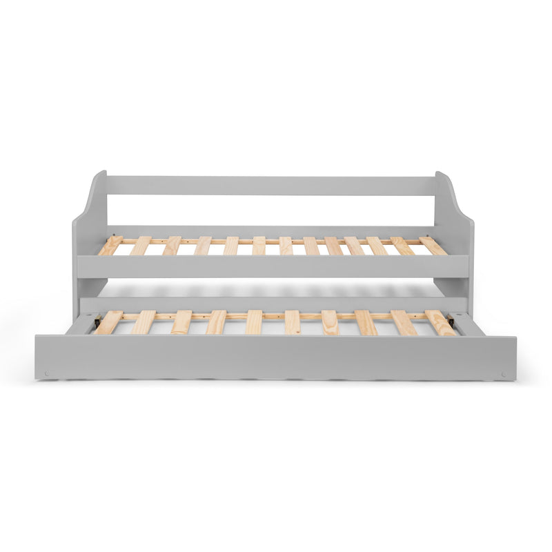 Gray bed frame with wooden slats on a white background