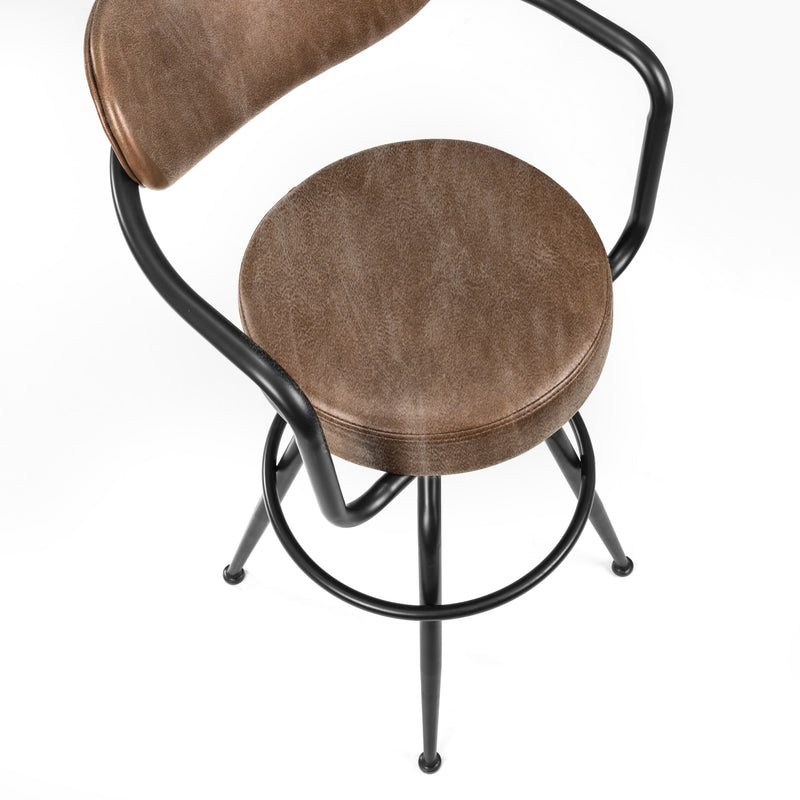 Brown cushioned stool with black metal frame on a white background