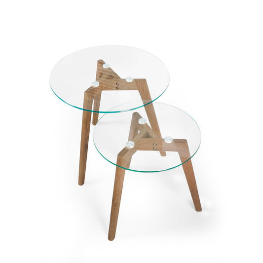 Two glass tables with wooden legs on a white background
