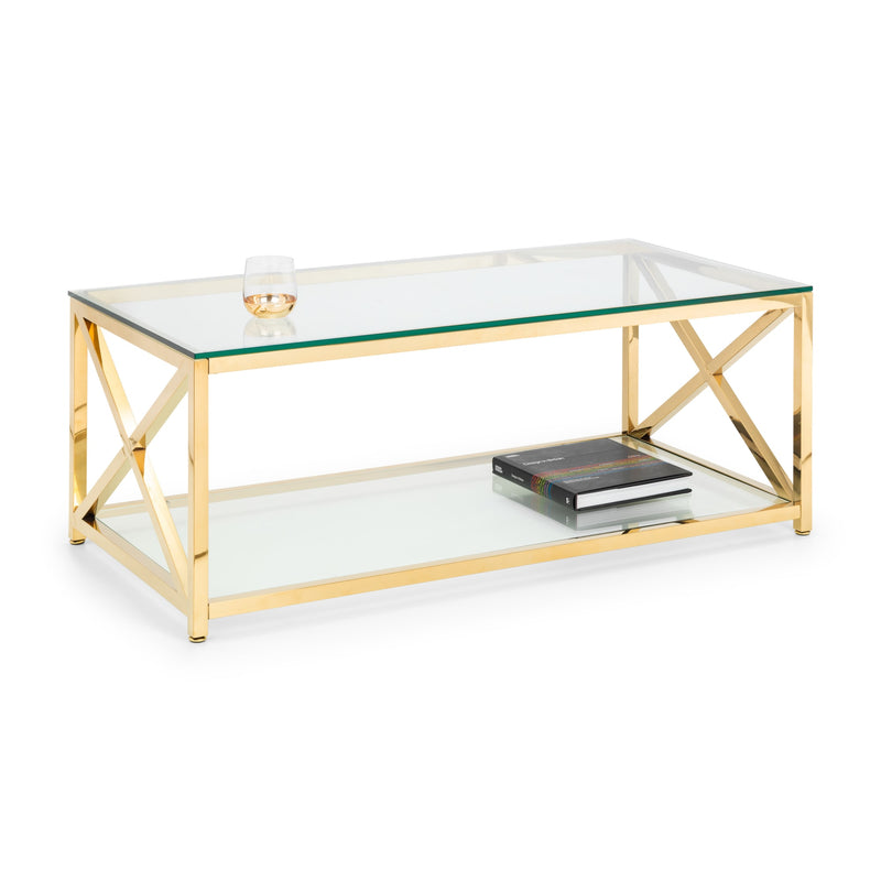 Glass coffee table with gold metal frame on a white background