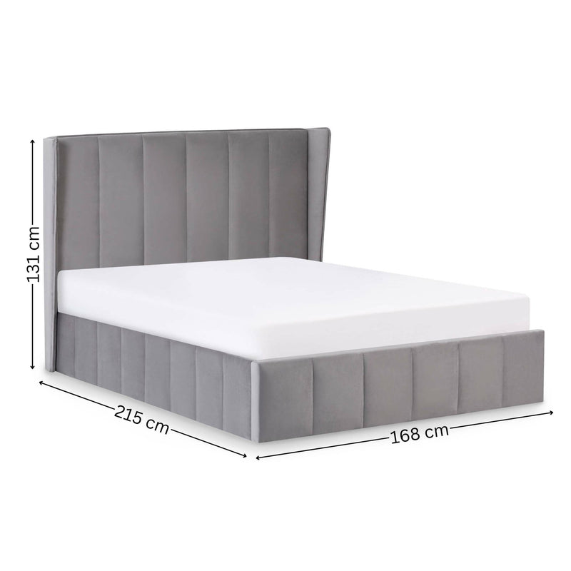 Gray upholstered bed with dimensions on a white background